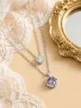 Double-layer necklace featuring silver pendants with purple and white zircon stones - Double Layer / Purple White