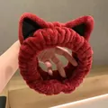 Cute dark red plush cat ear headband with soft elastic hair band for face washing - Dark Red Cat Ears