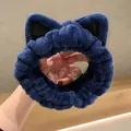 Navy blue plush elastic headband with cute cat ears for skincare and makeup - Navy Blue Cat Ears