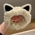 Plush cream cat ear headband in thick coral fleece for facial washing and makeup - Cat Ear White