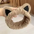 Light brown plush cat ear headband with soft coral fleece for face washing - Khaki Cat Ears