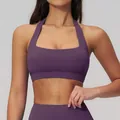 Soutien-gorge de sport dos nu violet foncé avec encolure carrée et bande de soutien - Violet Foncé