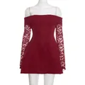 Elegant wine red off-shoulder lace long sleeve slim fit mini dress for women - XS / Burgundy