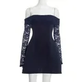 Slim fit off-shoulder mini dress with lace sleeves in elegant navy blue finish - XS / Blue