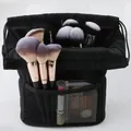 Portable black canvas makeup brush bag with drawstring and mesh pocket storage - Black Large Capacity Drawstring Style