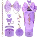Lavender purple 7-piece Stanley cup accessory set with glitter bow and fuzzy pompom - Set 1 (Cup Not Included)