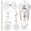 Stanley cup accessory set with white bow, plush ball, and gold chain for hydration bottles - Set 2 (Cup Not Included)