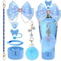 Set accessori celeste per tazze da 40oz con copri cannuccia a fiocco e pon pon - Set 5 (tazza non inclusa)