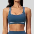 Blaugrüner Yoga-Sport-Bra mit weißen Kontrastnähten und Racerback-Design - S / Dunkelblau