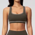 Dark olive green racerback sports bra with contrast stitching and elastic hem - S / Tops / Deep Brown