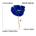 Elegant navy blue rose flower brooch with gold finish and glitter texture detail - Blue