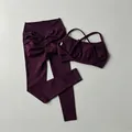 Ensemble de sport sans couture dos croisé et legging taille haute prune foncé - Violet Raisin