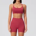 Women seamless yoga set with dark rose sports bra and high waist fitness shorts - S / Bra + Shorts / Camellia Red