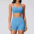 Two-piece seamless ribbed yoga set with sports bra and high-waist shorts in royal blue - S / Bra + Shorts / Aqua