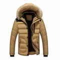 Men heavy winter parka with warm faux fur hood and stylish black shoulder contrast - L / Khaki