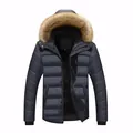 Men's winter heavy quilted puffer jacket in dark grey with faux fur hood - L / Dark Blue