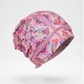 Détail du bonnet rose avec doublure satin et motifs ethniques à fleurs géométriques - Imprimé rose coloré (Motif 4)