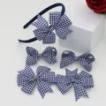 Detailed set of 5 blue gingham bow headbands and hair clips for girls hair styling - Bowknot Checkered Set / Navy Blue