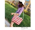 Colorful striped woven tote bag with red and white patterns and rope handles - Rose Red