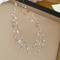 Close-up of multi-layered necklace with colorful pastel crystal beads and transparent cord - Pink (21#)