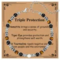 Detail of beaded bracelet with hematite, tiger eye, and black tourmaline on display card - Triple Protection (Style 2)