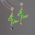 Elegant green butterfly dangle earrings with gold frames and sparkling crystals - 4# Silver Pin - Green - Fan Style