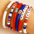 5pcs USA Merica theme bracelet set with red white blue heishi beads and letter charms - 03 Heishi Disc Style (Silver Tone)