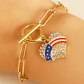 Gold Independence Day bracelet set with US flag heart pendant and toggle clasp - 14 Rhinestone Heart Style (KC Gold)