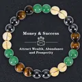 Detail view of handmade beaded bracelet with tiger eye, aventurine and obsidian stones - Tiger's Eye/Aventurine/Citrine/Obsidian (Money Success-16)