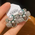 Golden flower earring with pearls and emerald green crystals in a retro french style - Vintage Flower Style (With Silver Earring Post) / Gold-White-Green