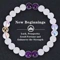 Detail of 8mm apatite and turquoise beads with a golden charm on a beaded stretch bracelet - Milky White Purple & Clear (New Beginnings-6)