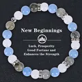 Detail view of 8mm blue apatite beads with New Beginnings text on black background - Grey White & Light Blue (New Beginnings-7)