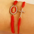 Zweiteiliges rotes geflochtenes Armband mit goldenem Kreuz und Maria-Anhänger - Gewebtes Seil Kreuz Jungfrau Maria Armband Set / KC Gold Rot (G022)