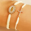 Zweiteiliges Set aus cremefarbenen Webarmbändern mit Strass-Jungfrau Maria und Kreuz - Gewebtes Seil Kreuz Jungfrau Maria Armband Set / KC Gold Weiß (WG-0852)