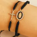 Zweiteiliges schwarzes Webarmband-Set mit Strass-Kreuz und Guadalupe-Medaillon - Gewebtes Seil Kreuz Jungfrau Maria Armband Set / KC Gold Schwarz (8930)
