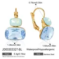 Detail view of gold stainless steel earrings with blue and mint crystals, showing dimensions. - Double Layer Tiered Style / Blue (JDE0303327-BL)