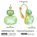 Elegant gold stainless steel leverback earrings with two-tier faceted green gems - Double Layer Tiered Style / Green (JDE0303327-GN)