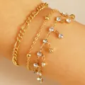 Three-piece golden zircon bracelet set with thick chain and rhinestone charms - KC Gold Tassel Rhinestone Style (F115)