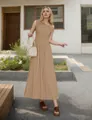 Detail of elegant khaki one-shoulder maxi dress with a flowing long skirt for summer - Khaki