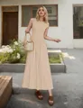 Detail view of apricot sleeveless maxi dress with pleated hem and waist design - Apricot