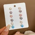 Set of 6 pairs multi-color pearl stud earrings displayed on card with blue and pink pearls - Colorful Pearls (30# Silver Earring Post)