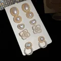12-piece gold pearl stud earrings set featuring heart and camellia flower designs - Camellia Style/Vintage (28# Silver Earring Post)