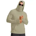 Detail of light khaki sun protection jacket with integrated face mask and thumb holes - Khaki