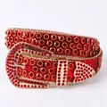 Cintura di lusso in pelle rossa con strass e fibbia dorata per jeans donna - Rosso / 120cm