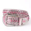 Cintura da donna in pelle glitter rosa con strass e fibbia in stile western - Stile Glitter (Rosa) / Rosa / 120cm