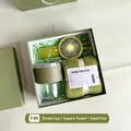 Green gift set featuring a straw glass cup, mini rabbit fan and cotton towel - Bamboo Glass Cup Square Towel Mini Fan (FA-01)