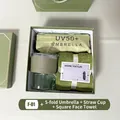 Corporate gift set with sage green umbrella, glass tumbler, and plush towel in a box - Bamboo Glass Cup Square Towel Foldable Umbrella (FA-02)