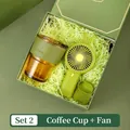 Business gift set including amber glass coffee cup and green rabbit handheld fan - Bamboo Glass Cup Mini Fan (FA-03)