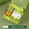 Business gift set 3 with amber coffee cup, green leather sleeve and soft face towel - Bamboo Glass Cup Square Towel (FA-04)