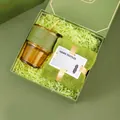 Business gift set 3 with amber coffee cup, green leather sleeve and soft face towel - Bamboo Glass Cup Square Towel (FA-04)